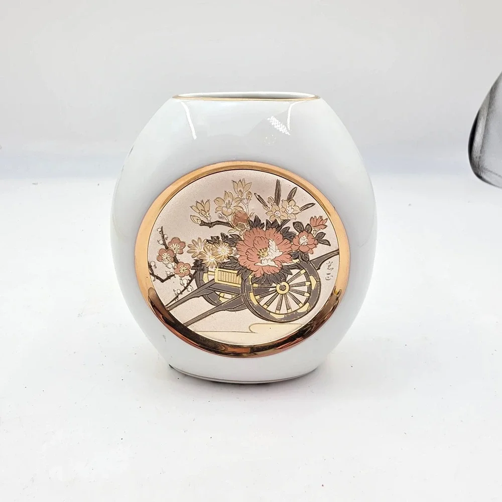 Art of Chokin Japanese Vase 24K Gold Silver Gilded Flower Cart Ceramic 5in N4
